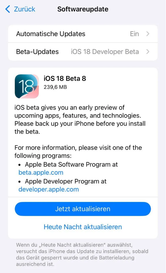 五莲苹果手机维修分享苹果 iOS / iPadOS 18 开发者预览版 Beta 8 发布 